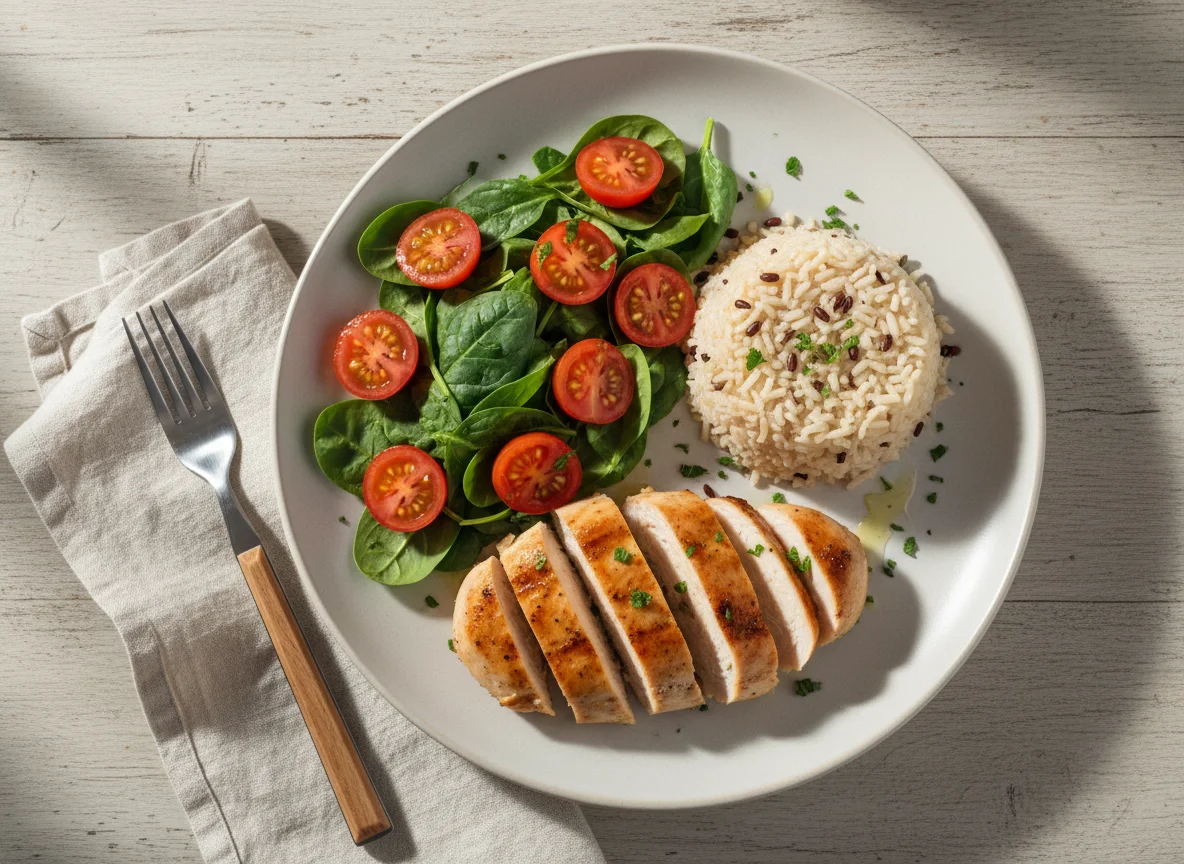 Prato com frango, arroz integral e salada photo