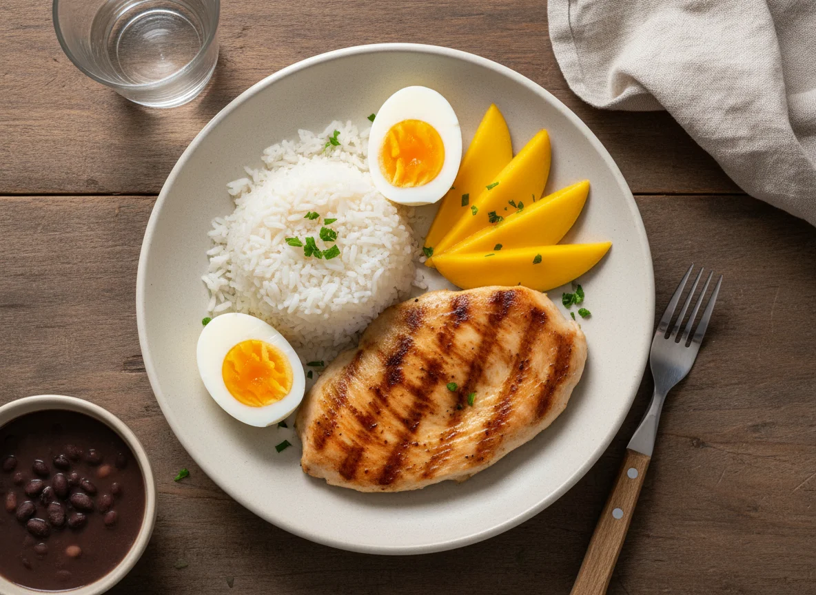 Prato com frango, arroz, ovos e manga photo