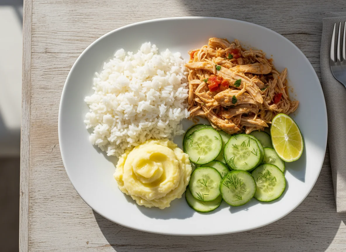 Prato com frango, arroz, salada de pepino e purê de batata photo