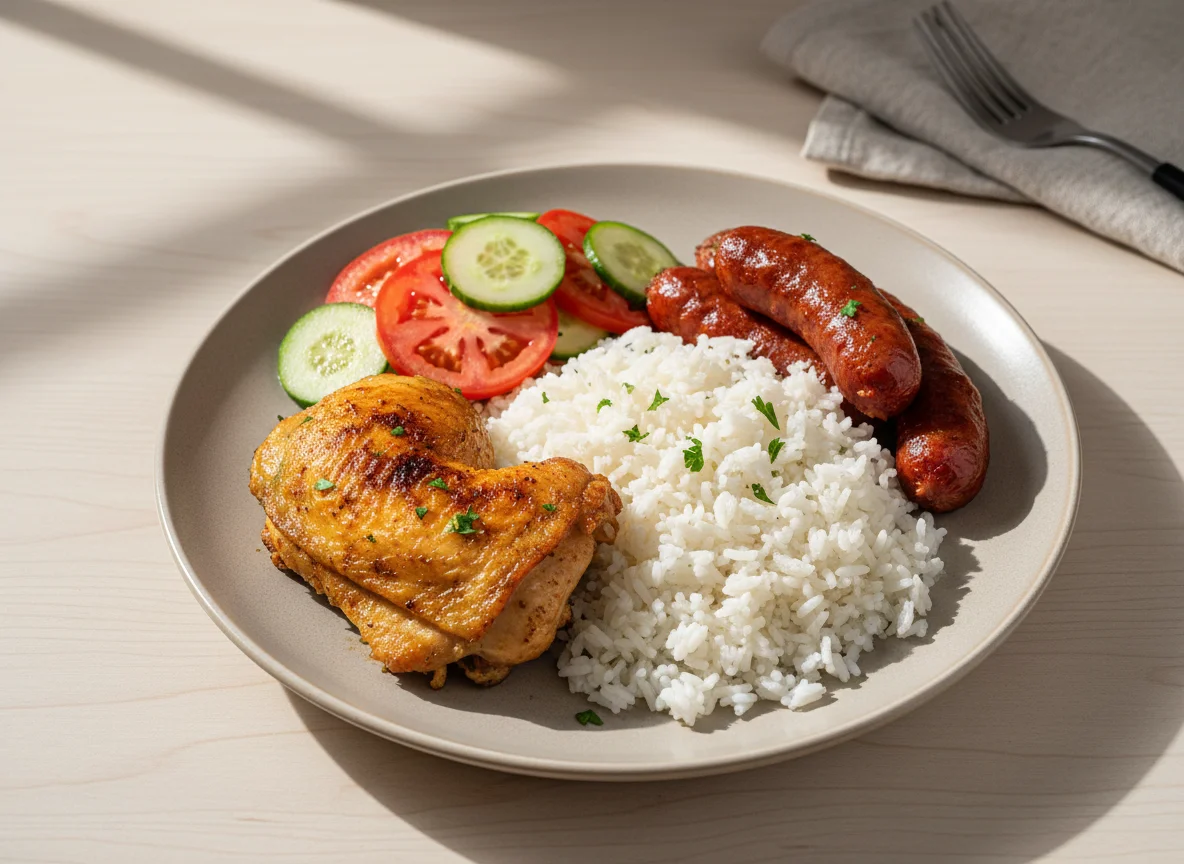 Prato com frango, arroz, salada e linguiça photo