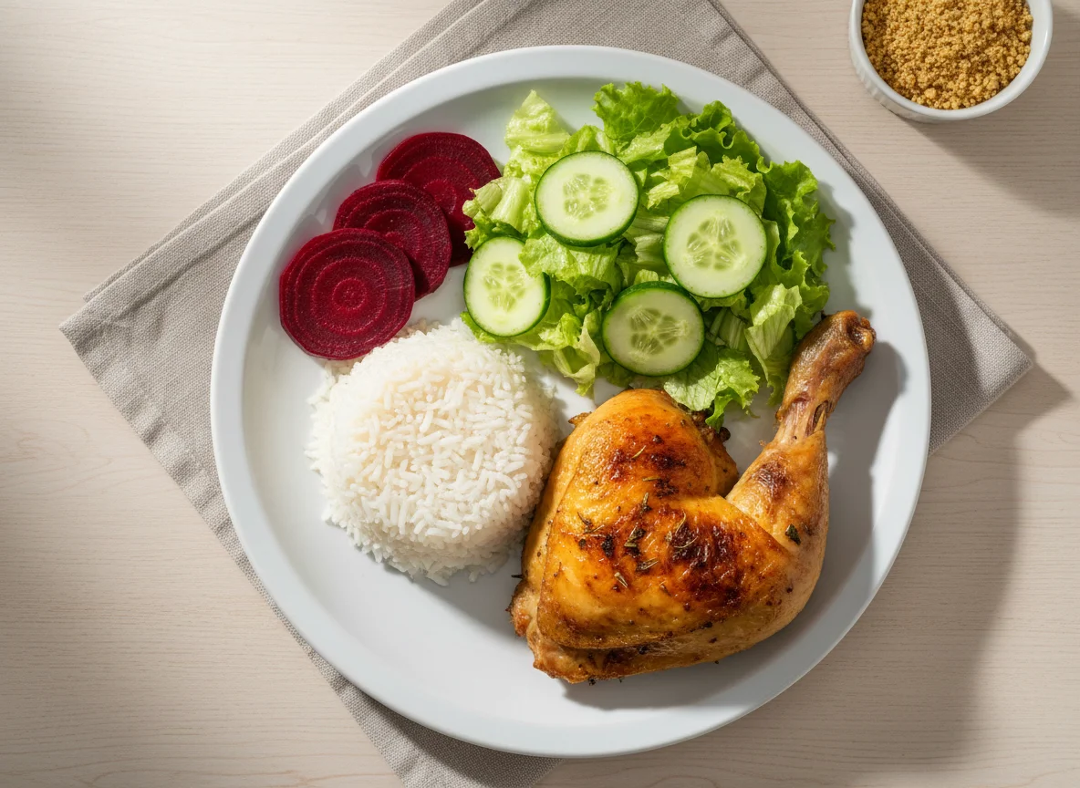 Prato com frango assado, arroz, beterraba e salada photo