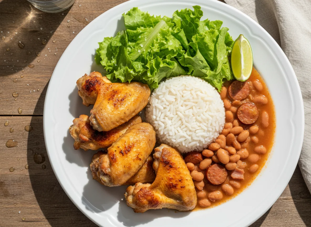 Prato com frango assado, arroz, feijão e alface photo
