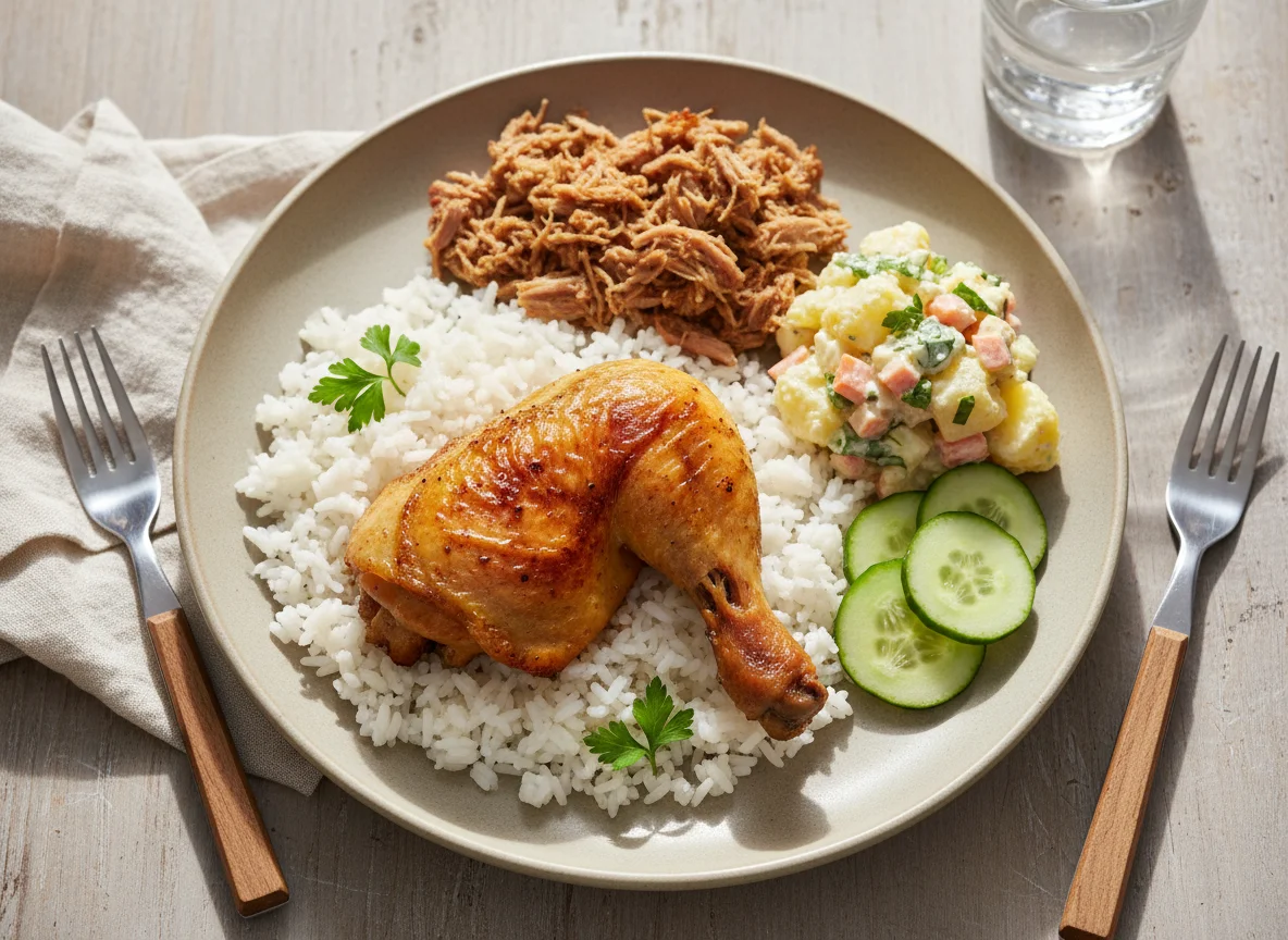 Prato com frango assado, arroz, salada de batata e pepino photo