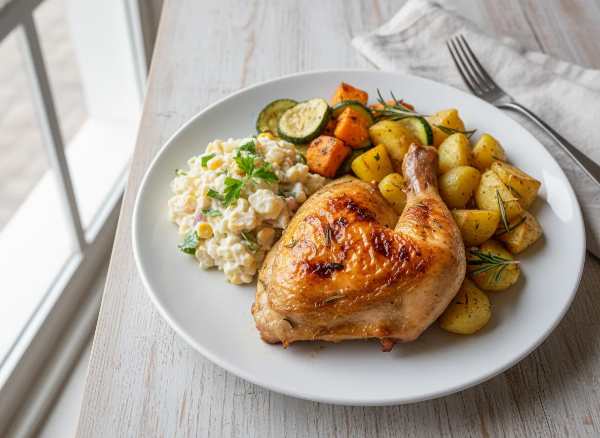 Prato com frango assado, batata assada, legumes e salada de maionese photo