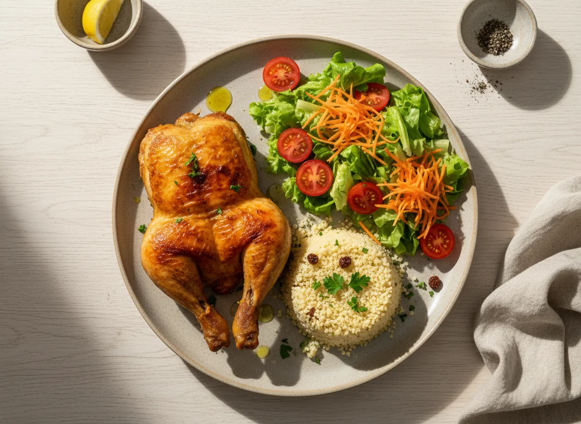 Prato com frango assado, cuscuz marroquino e salada photo