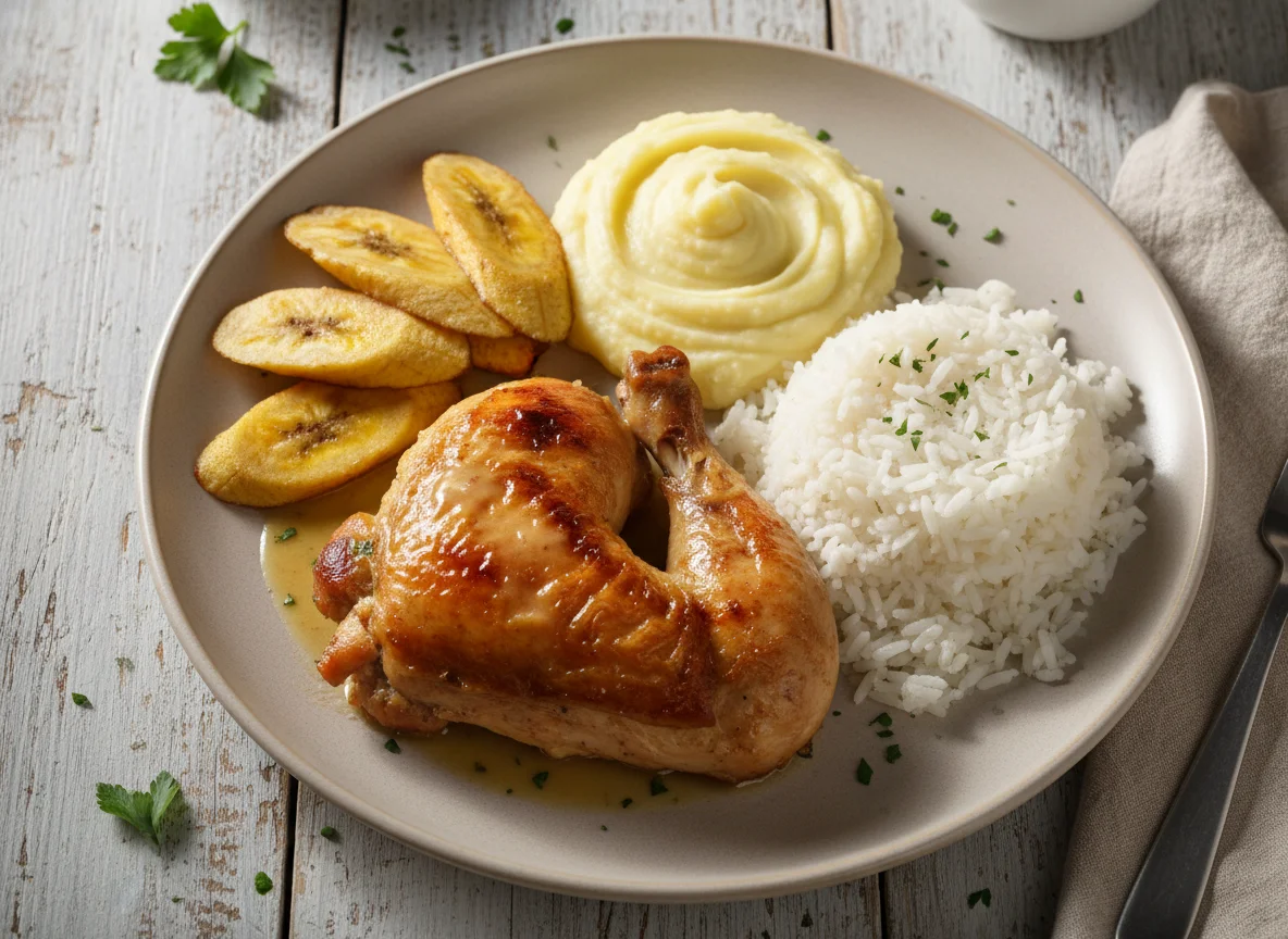 Prato com frango assado, purê de batata, arroz e banana da terra frita photo