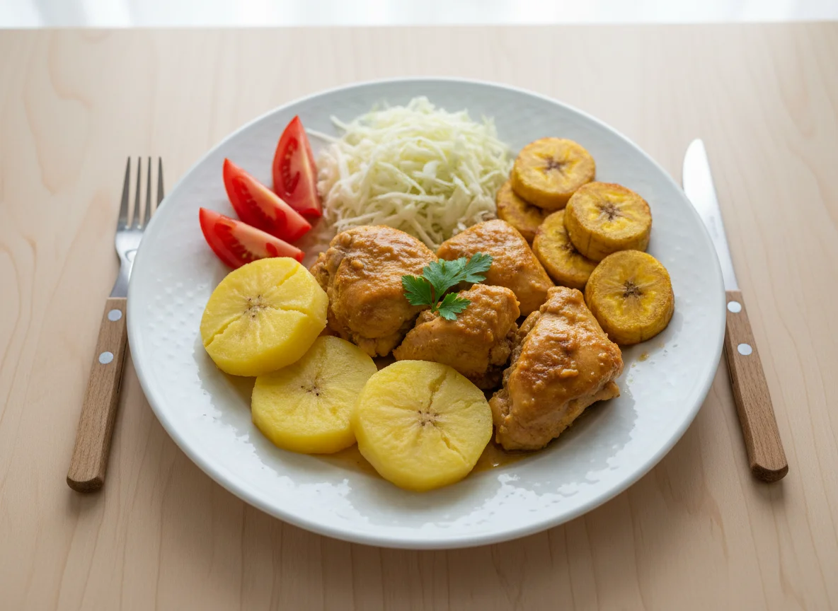 Prato com frango, batata, banana da terra e salada photo