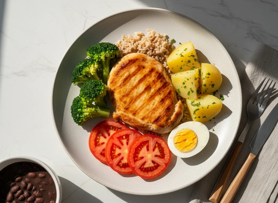 Prato com frango, batata, brócolis, tomate e ovo photo