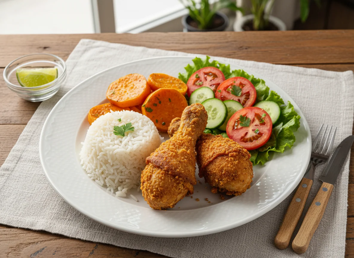 Prato com frango, batata doce, arroz e salada photo