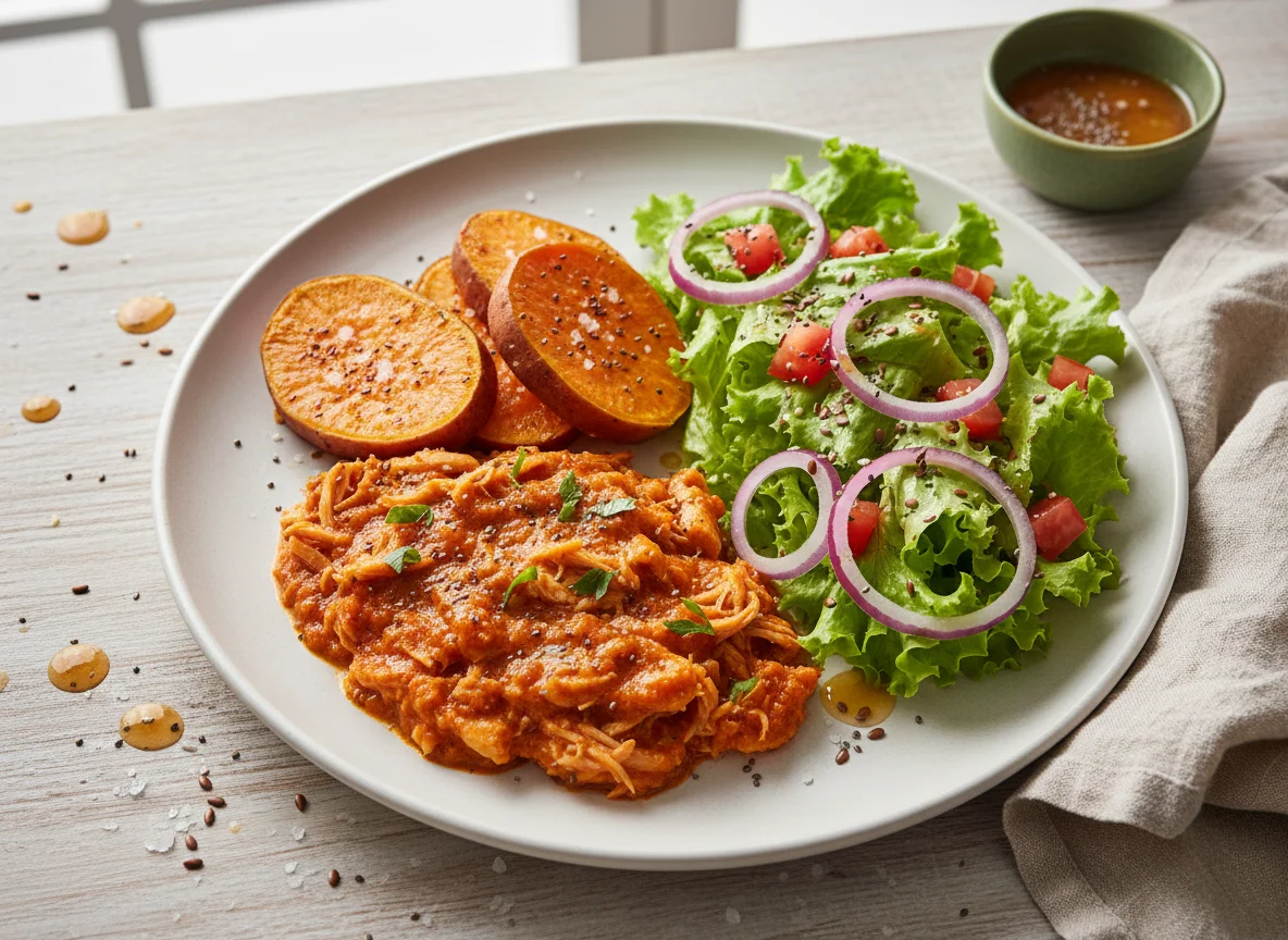 Prato com frango, batata doce e salada photo