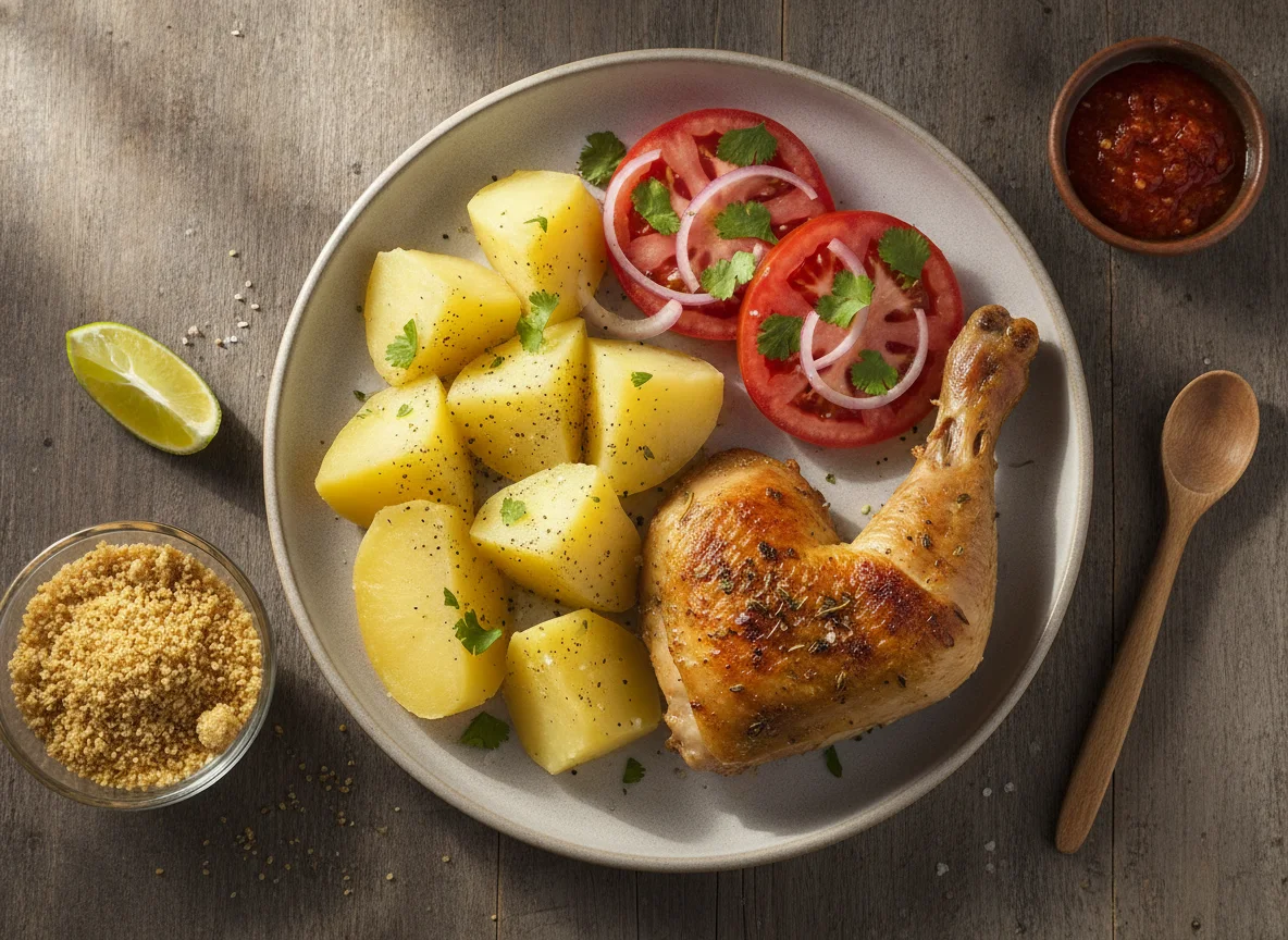 Prato com frango, batata e tomate photo