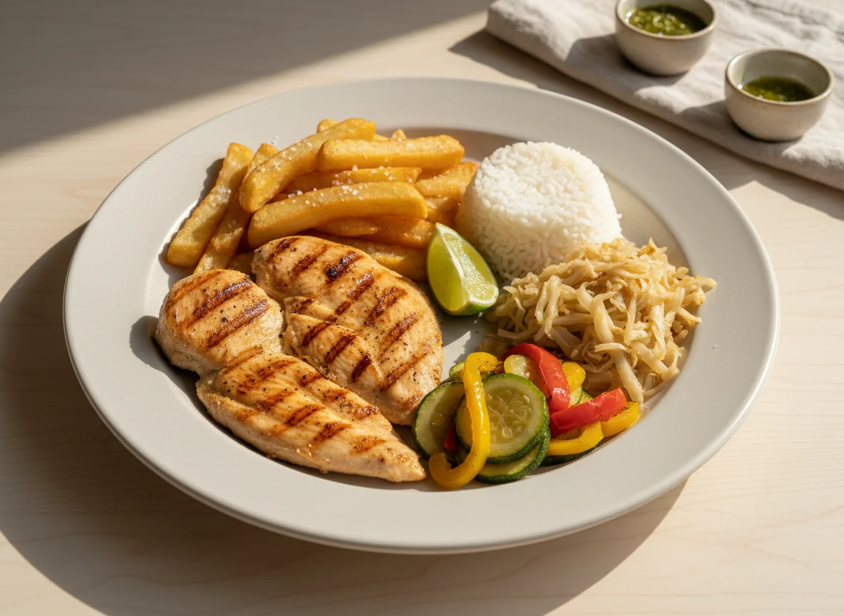 Prato com frango, batata frita, arroz e vegetais photo