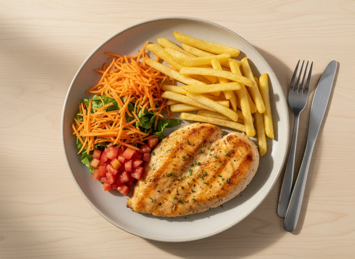 Prato com frango, batata frita e salada photo