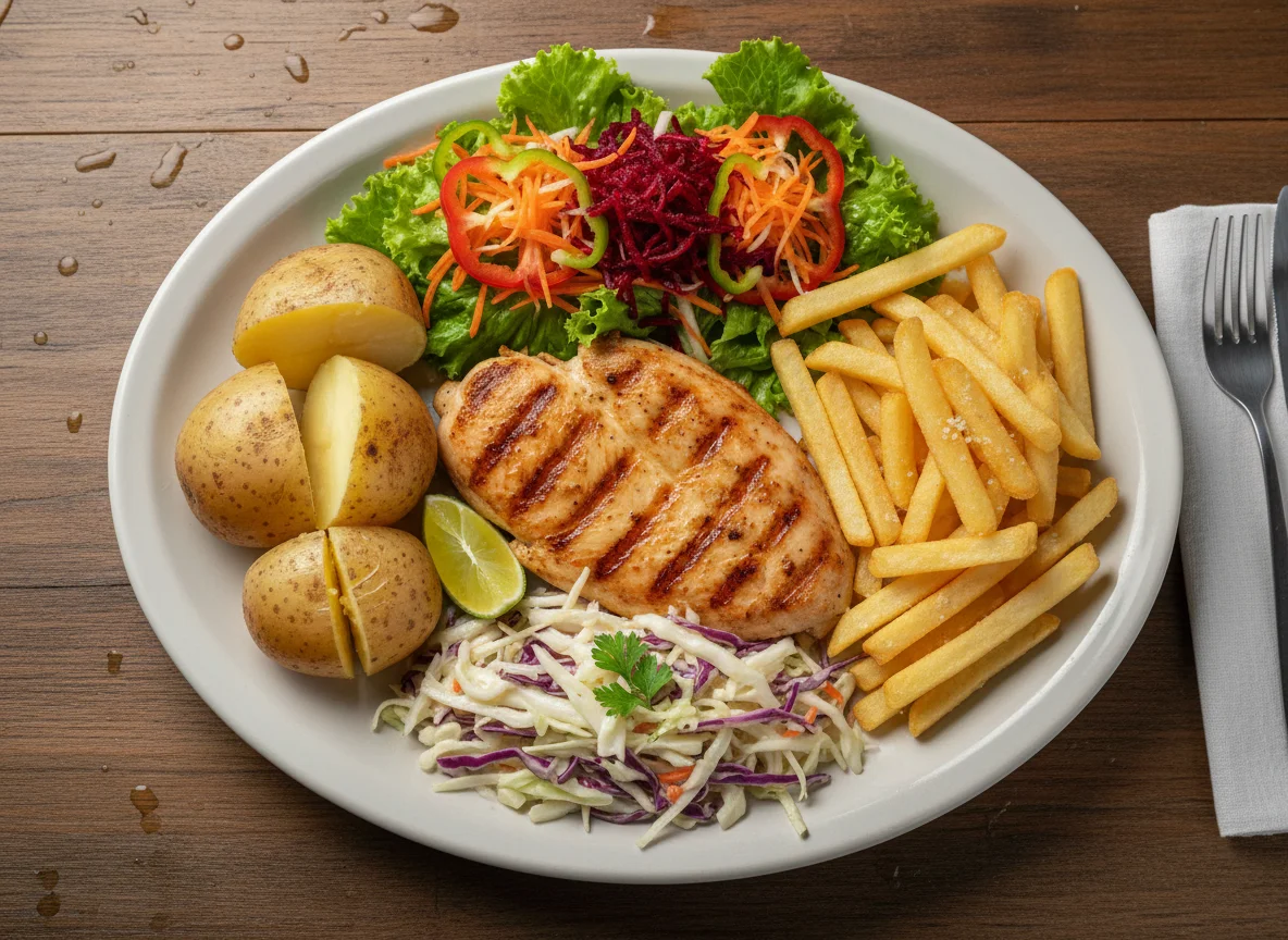 Prato com frango, batatas, batata frita e salada photo