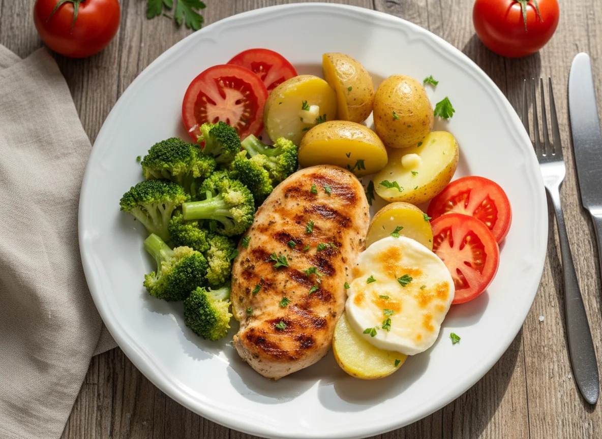 Prato com frango, batatas e vegetais photo