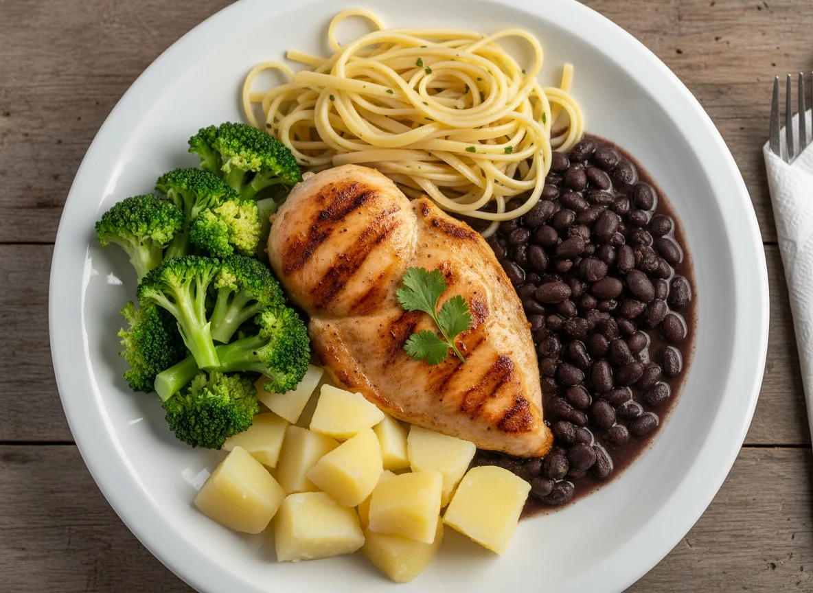 Prato com frango, brócolis, batata, feijão e macarrão photo