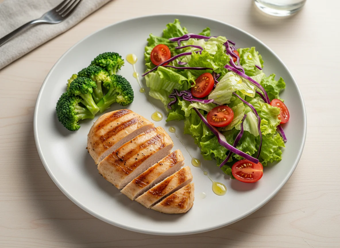 Prato com frango, brócolis e salada photo