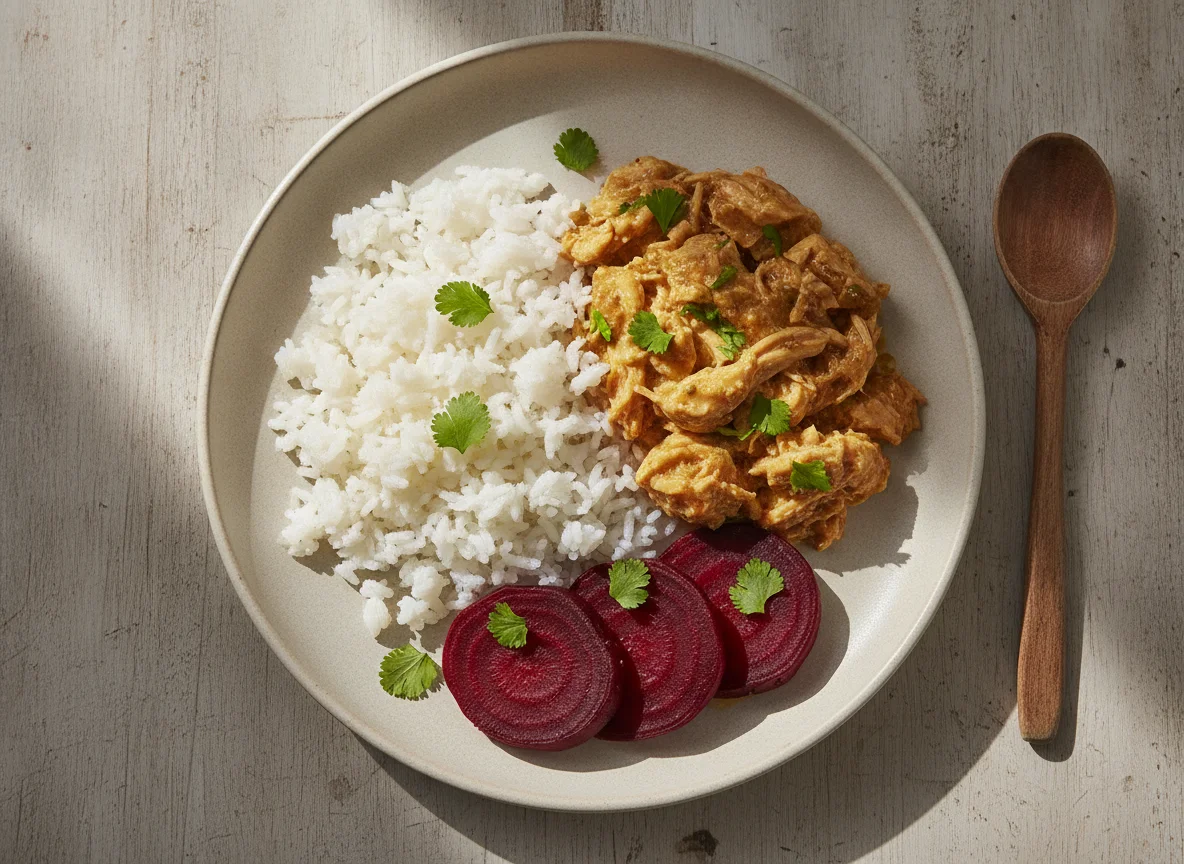 Prato com frango cremoso, arroz e beterraba photo