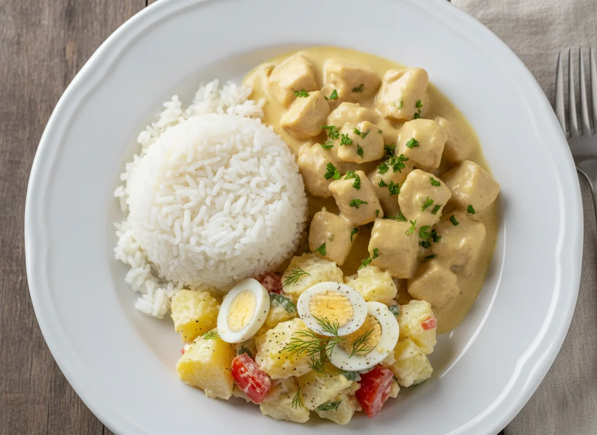 Prato com frango cremoso, arroz e salada de maionese photo