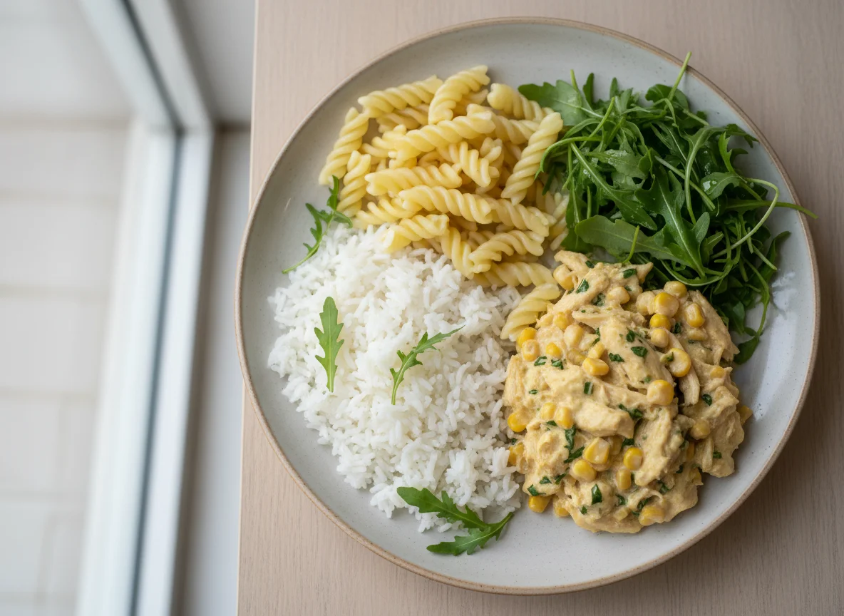 Prato com frango cremoso, arroz, macarrão e rúcula photo