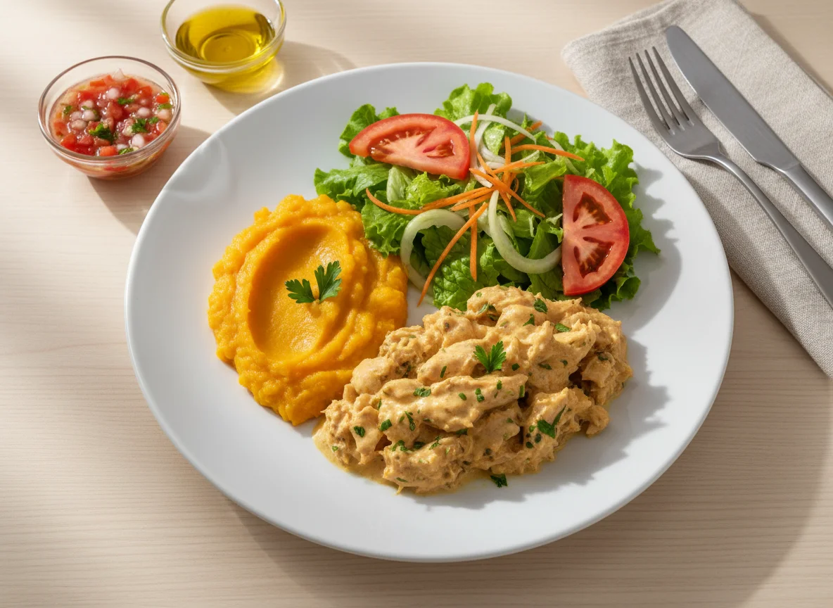 Prato com frango cremoso, purê de abóbora e salada photo
