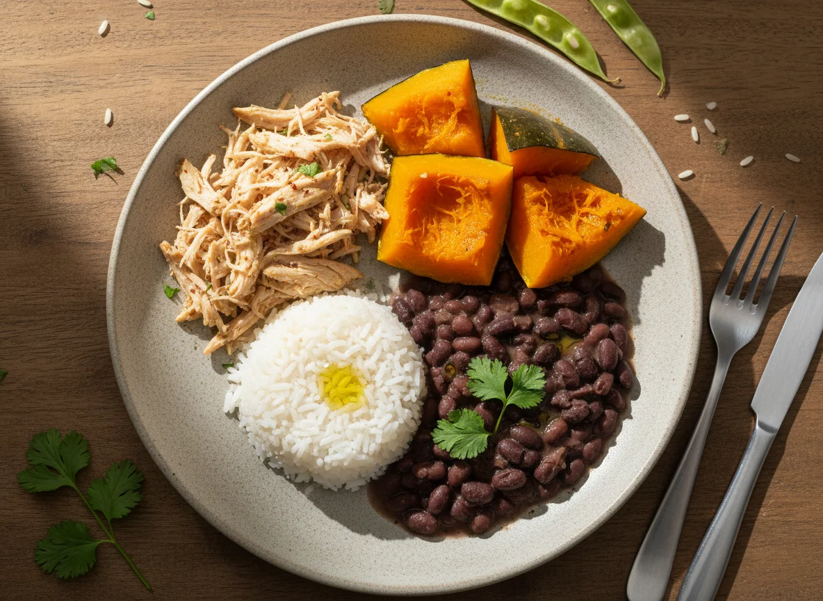 Prato com frango desfiado, abóbora e arroz com feijão photo