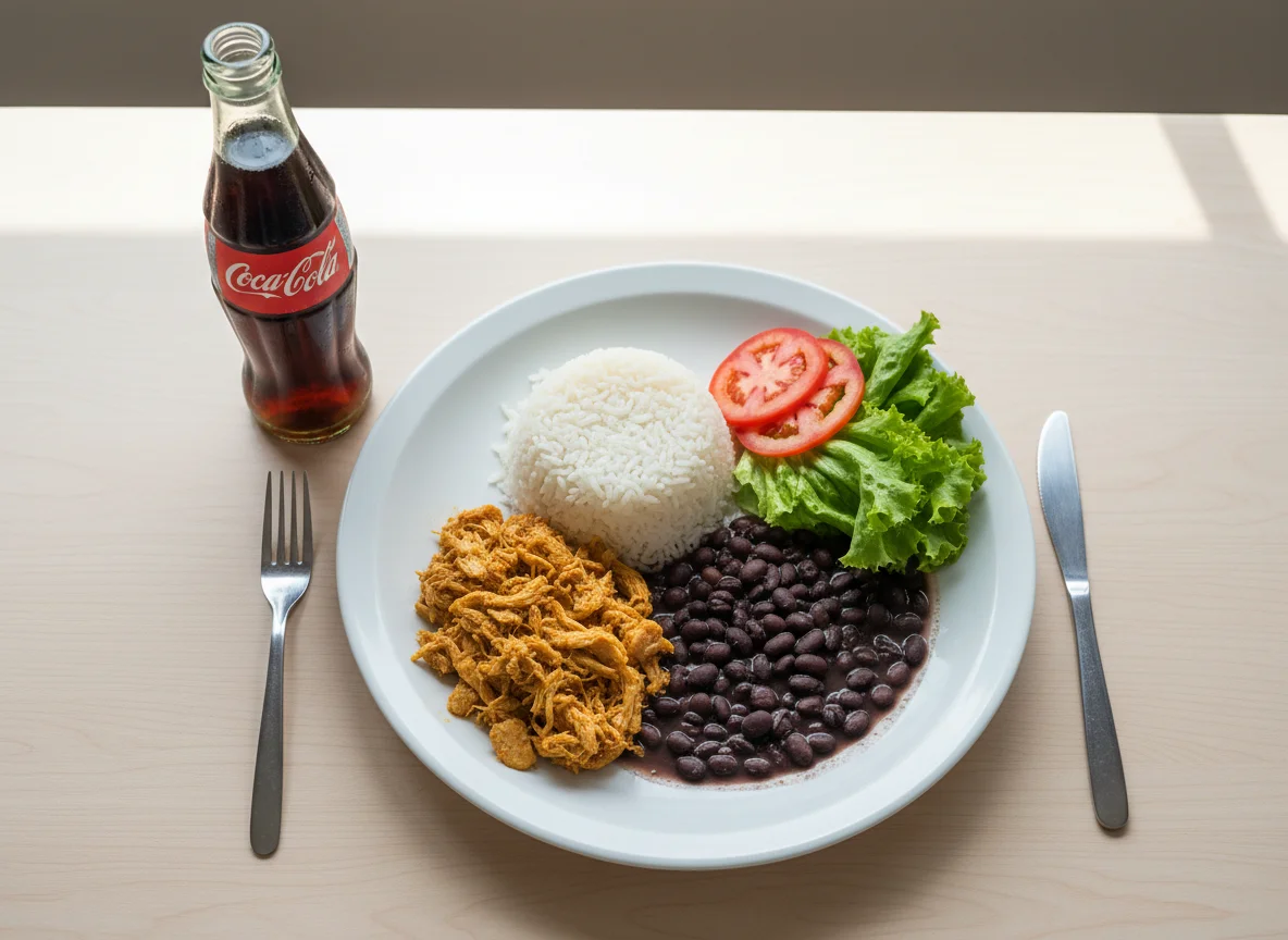Prato com frango desfiado, arroz, alface e feijão photo