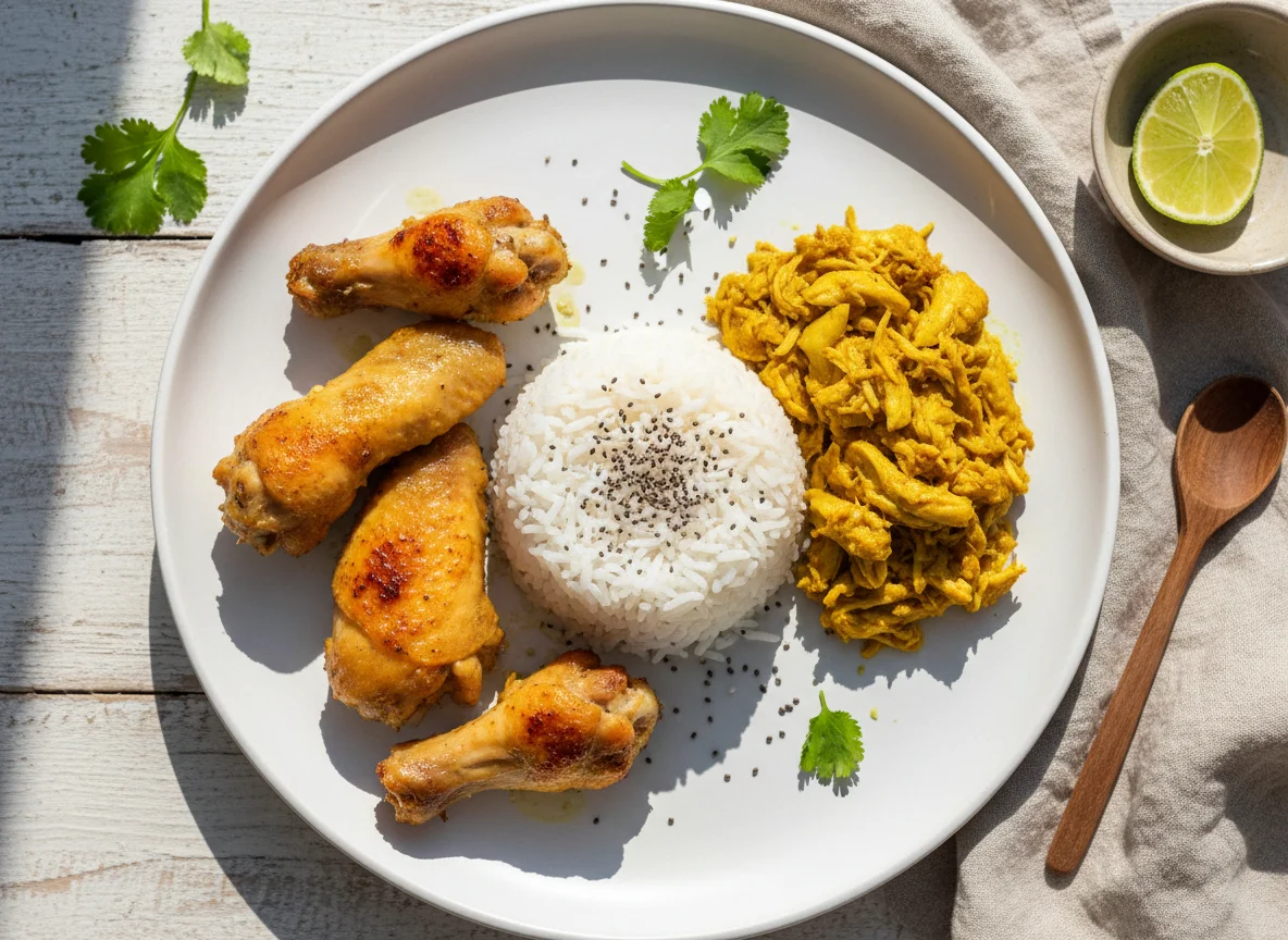 Prato com frango desfiado, arroz e asas de frango photo