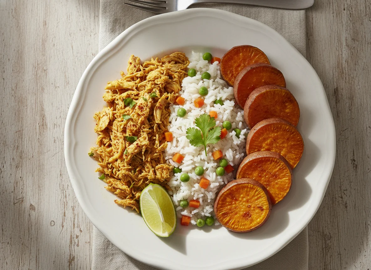 Prato com frango desfiado, arroz e batata doce photo