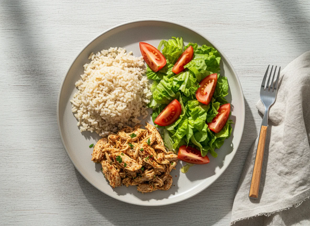 Prato com frango desfiado, arroz e salada photo