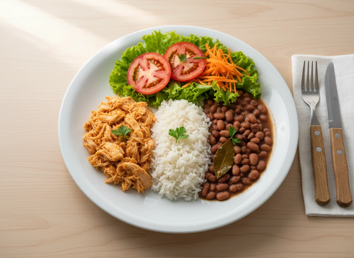 Prato com frango desfiado, arroz, feijão e salada photo