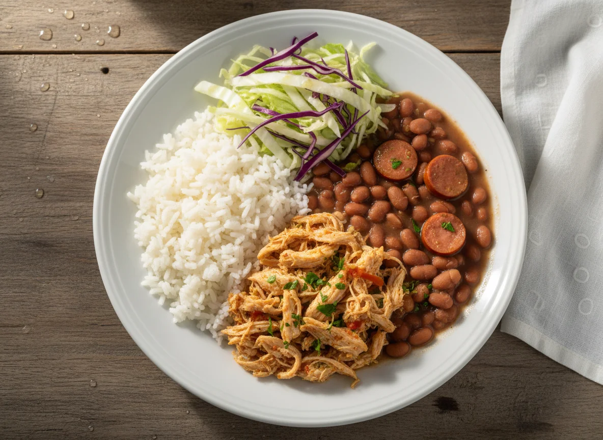 Prato com frango desfiado, arroz, feijão e salada de repolho photo