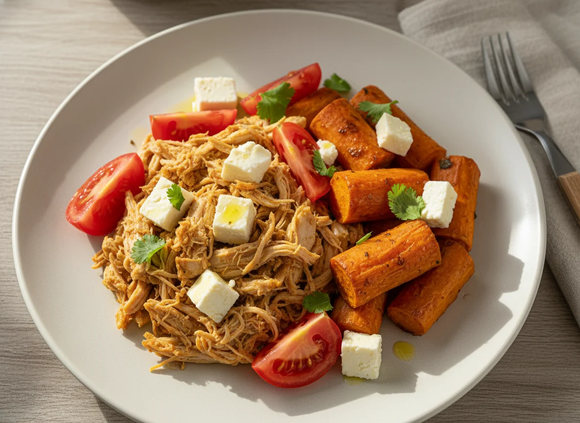 Prato com frango desfiado, batata doce, tomate e queijo photo