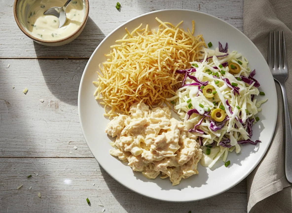 Prato com frango desfiado, batata palha e salada de repolho photo