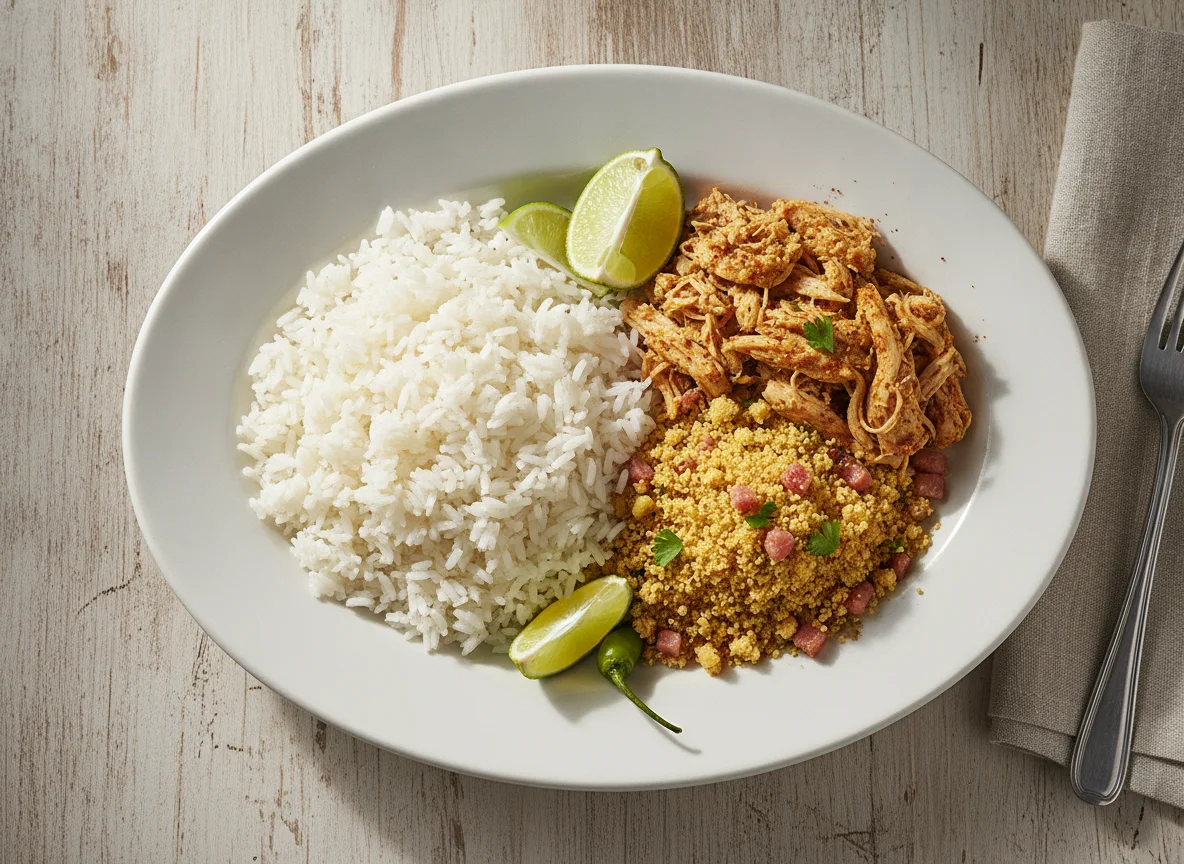 Prato com frango desfiado, farofa e arroz photo