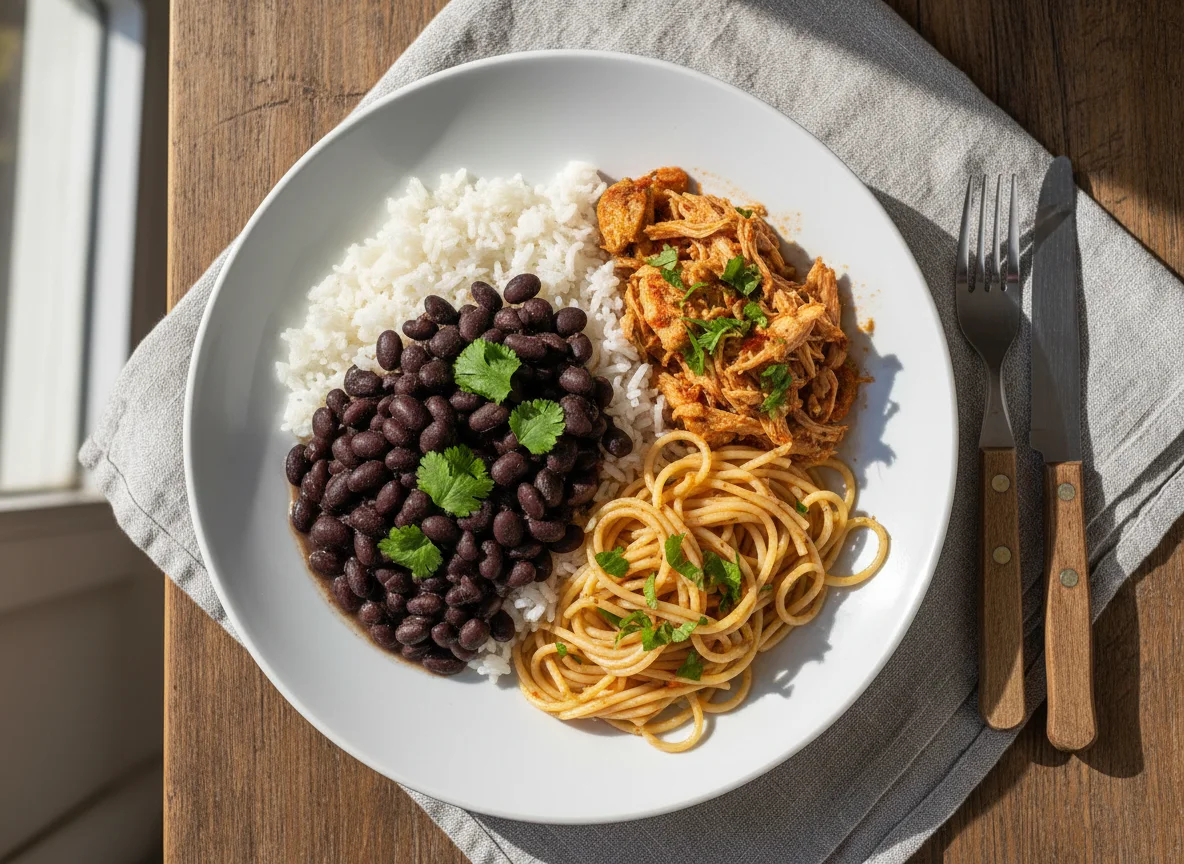 Prato com frango desfiado, macarrão, feijão e arroz photo