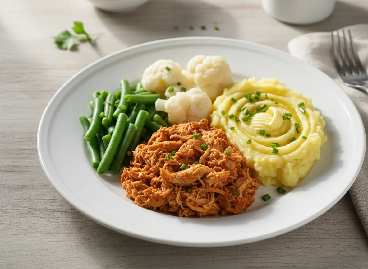 Prato com frango desfiado, purê de batata e vegetais photo