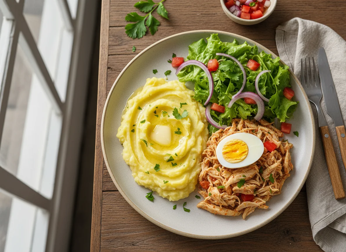 Prato com frango desfiado, purê e salada photo
