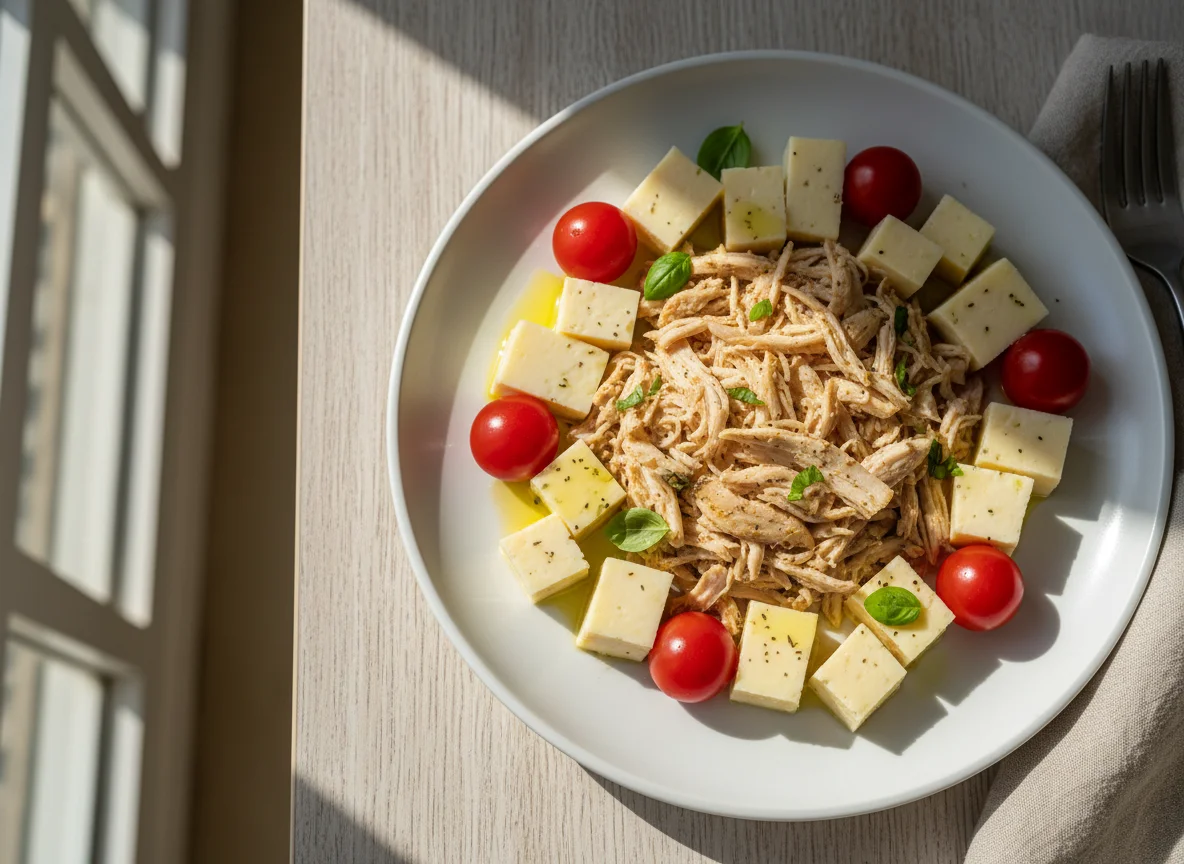 Prato com frango desfiado, queijo e tomate cereja photo