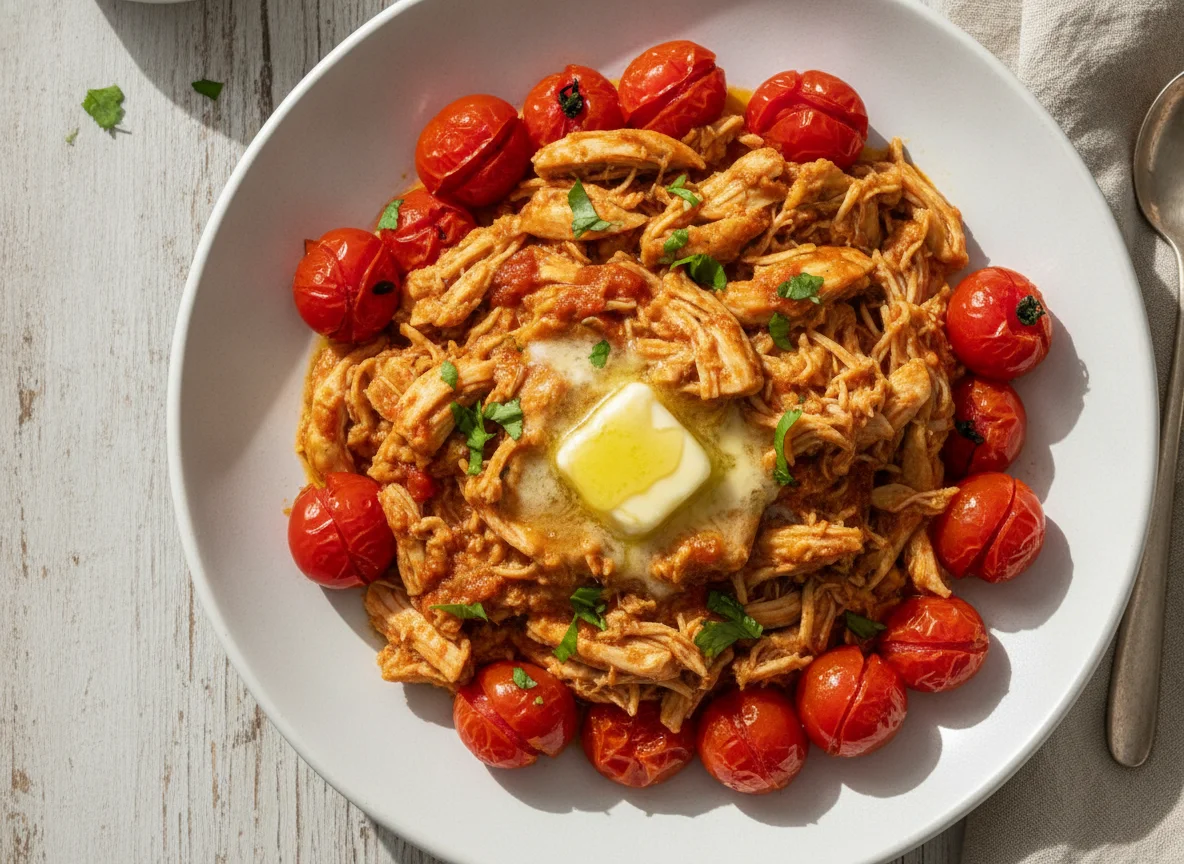 Prato com frango desfiado, tomate cereja e manteiga photo