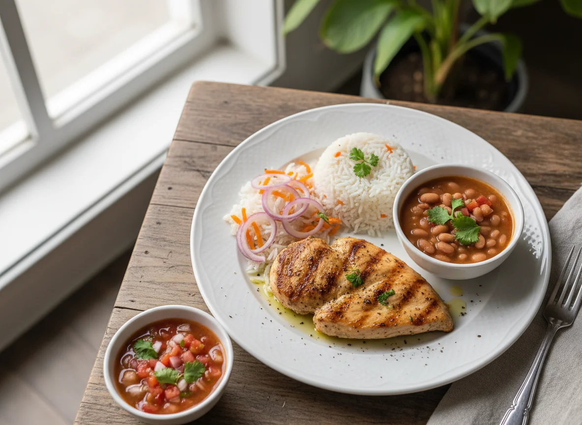 Prato com frango e salada de arroz photo