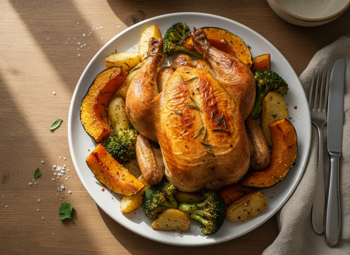 Prato com frango e vegetais assados photo