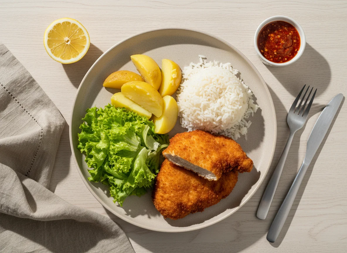 Prato com frango empanado, arroz, batata e alface photo