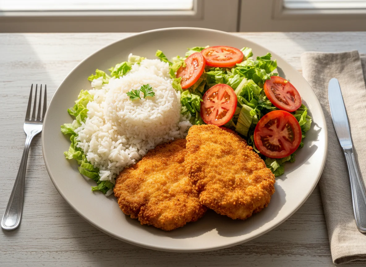 Prato com frango empanado, arroz e salada photo