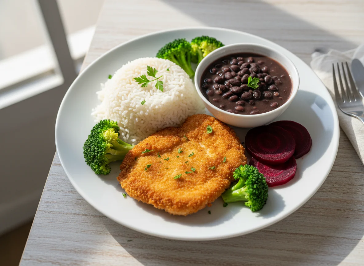 Prato com frango empanado, arroz, feijão, brócolis e beterraba photo