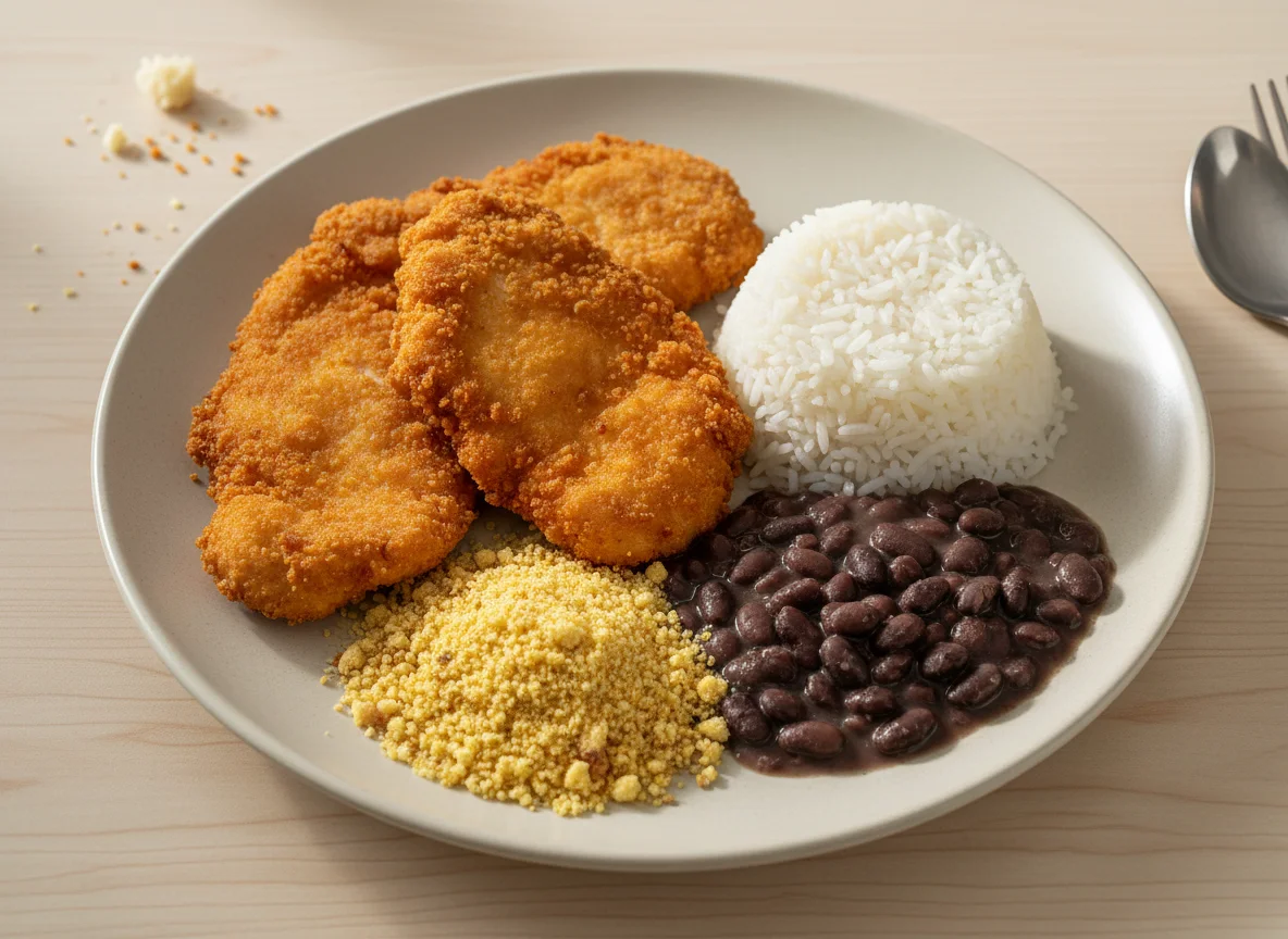 Prato com frango empanado, arroz, feijão e farofa photo
