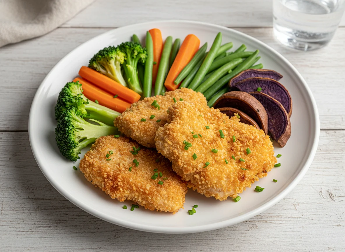 Prato com frango empanado e vegetais photo