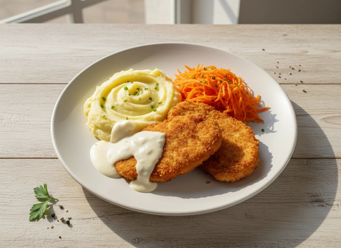 Prato com frango empanado, purê de batata, cenoura e molho branco photo