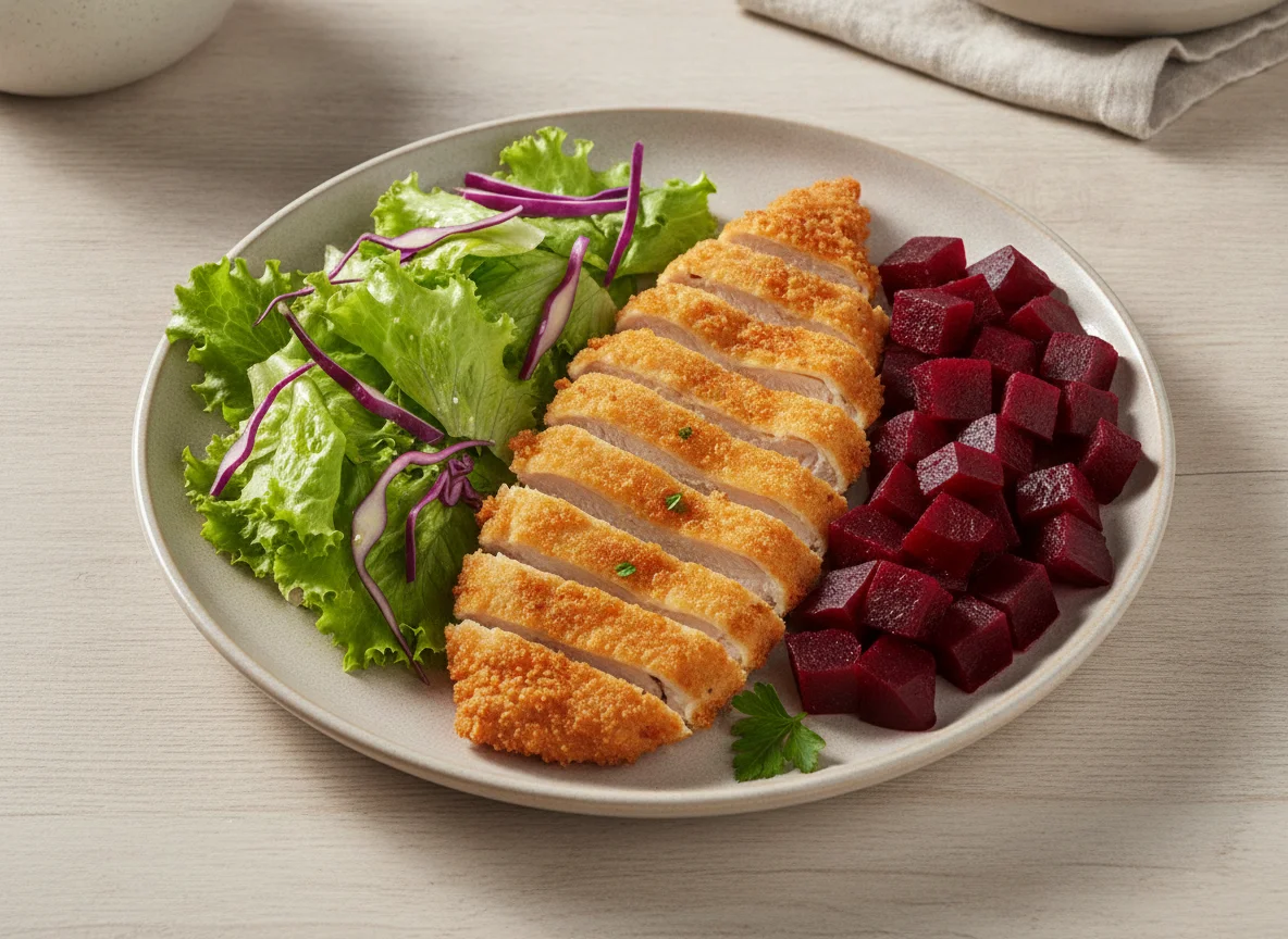 Prato com frango empanado, salada e beterraba photo