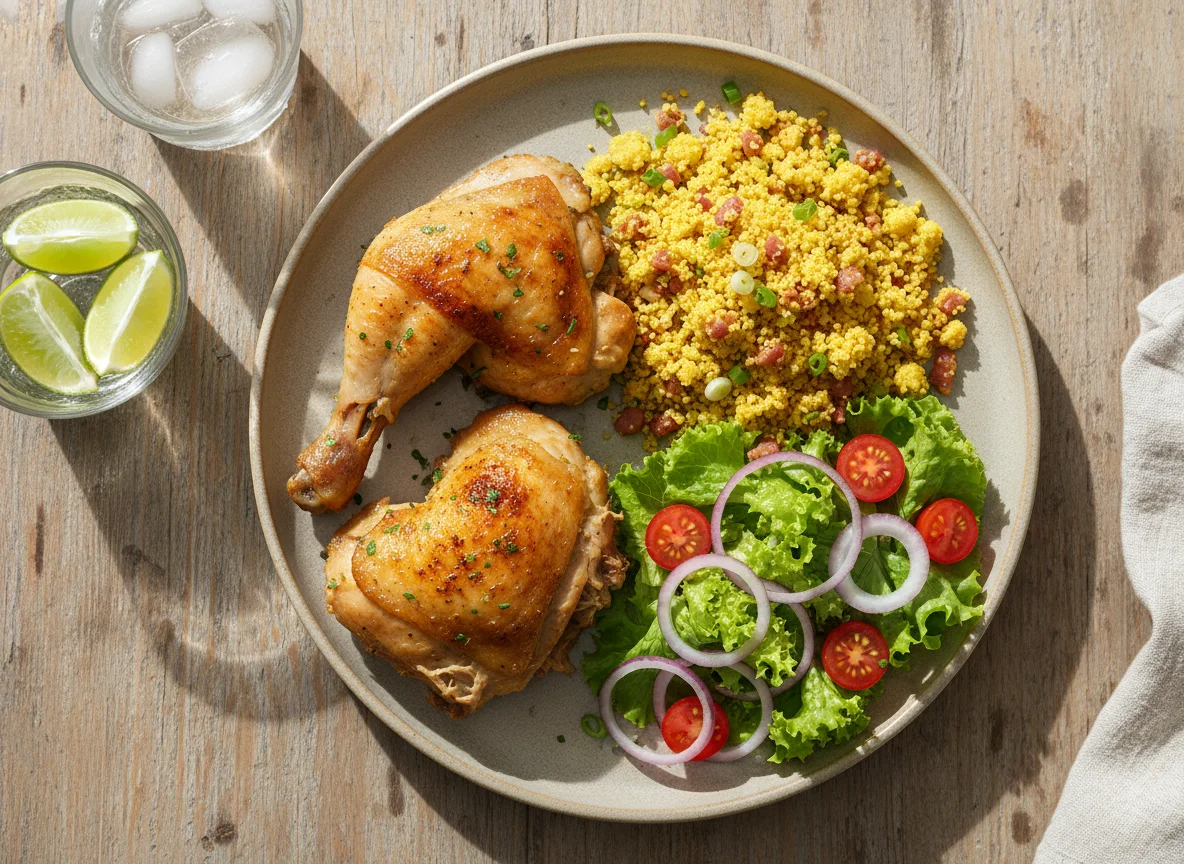 Prato com frango, farofa e salada photo